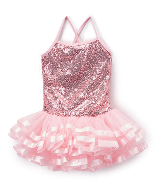 Pink Sequins Cross Back Ribbon Ballet Dress