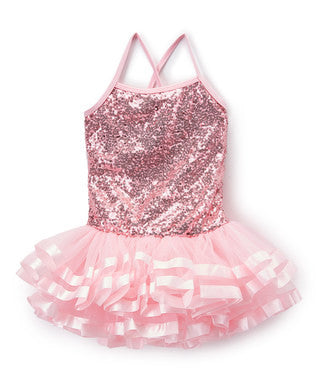 Pink Sequins Cross Back Ribbon Ballet Dress