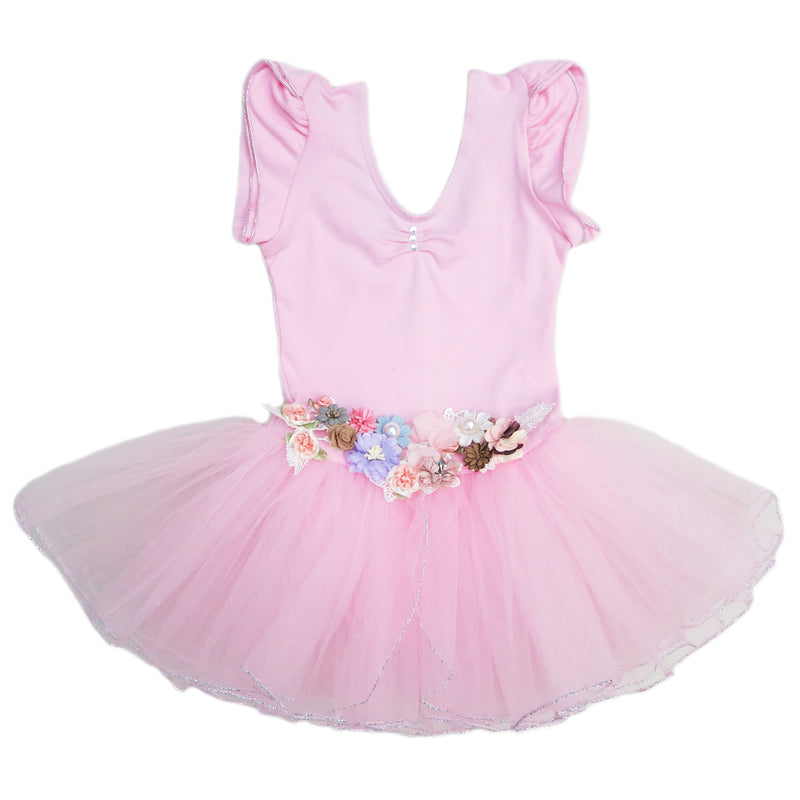 Pink 3D Flowers Silver Trim Ballet Dress