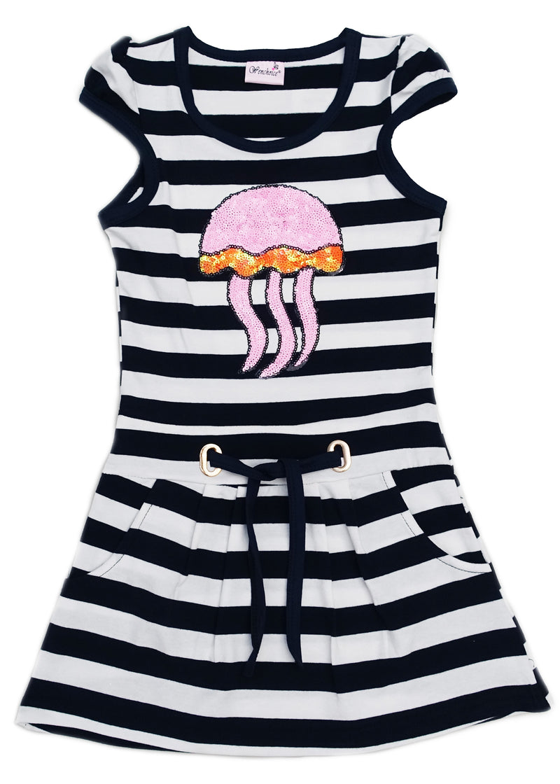 Pink Sequin Jellyfish Navy Polo Dress