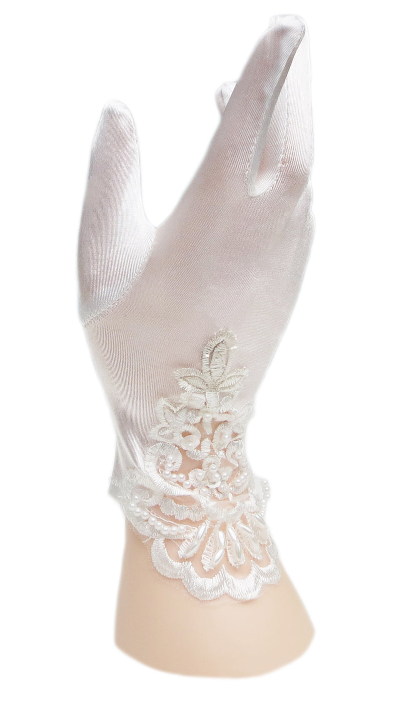 White Lace Pearl Satin Gloves