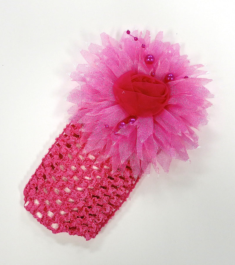 Hot Pink Rose Pearls Crochet Headband