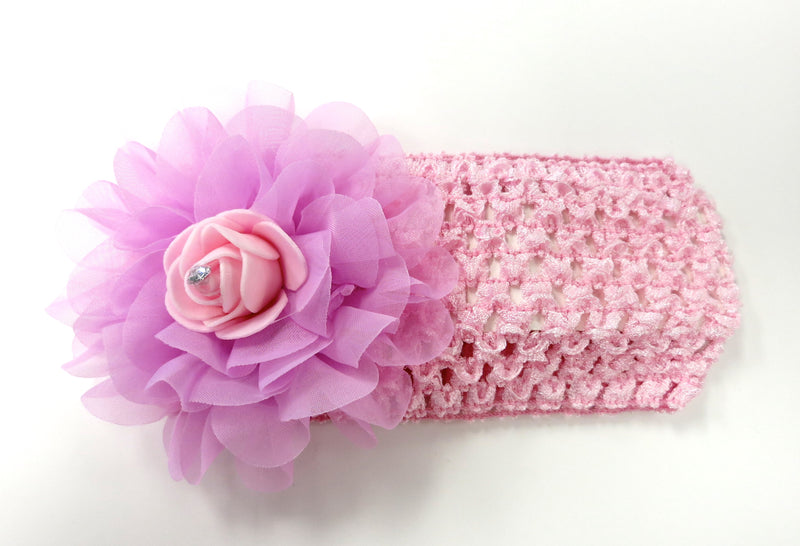 Pink Rose Rhinestone Crochet Headband