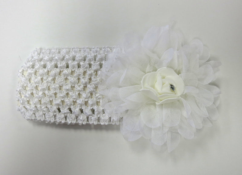 White Rose Rhinestone Crochet Headband