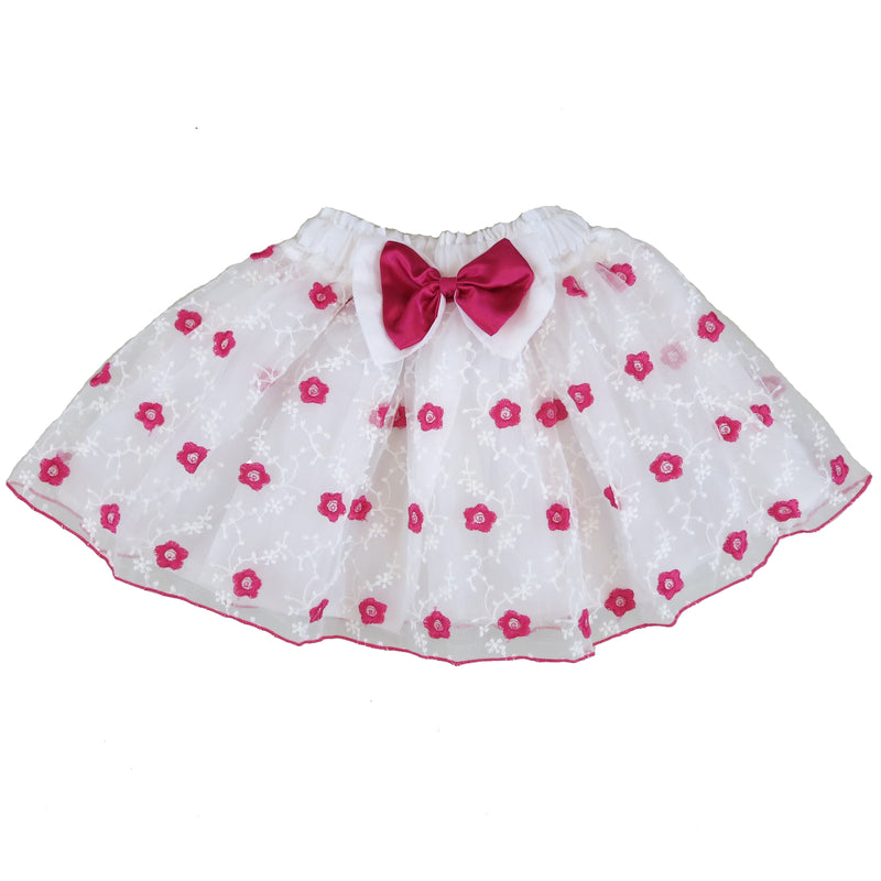 Hot Pink Embroidery Flower White Tutu Skirt