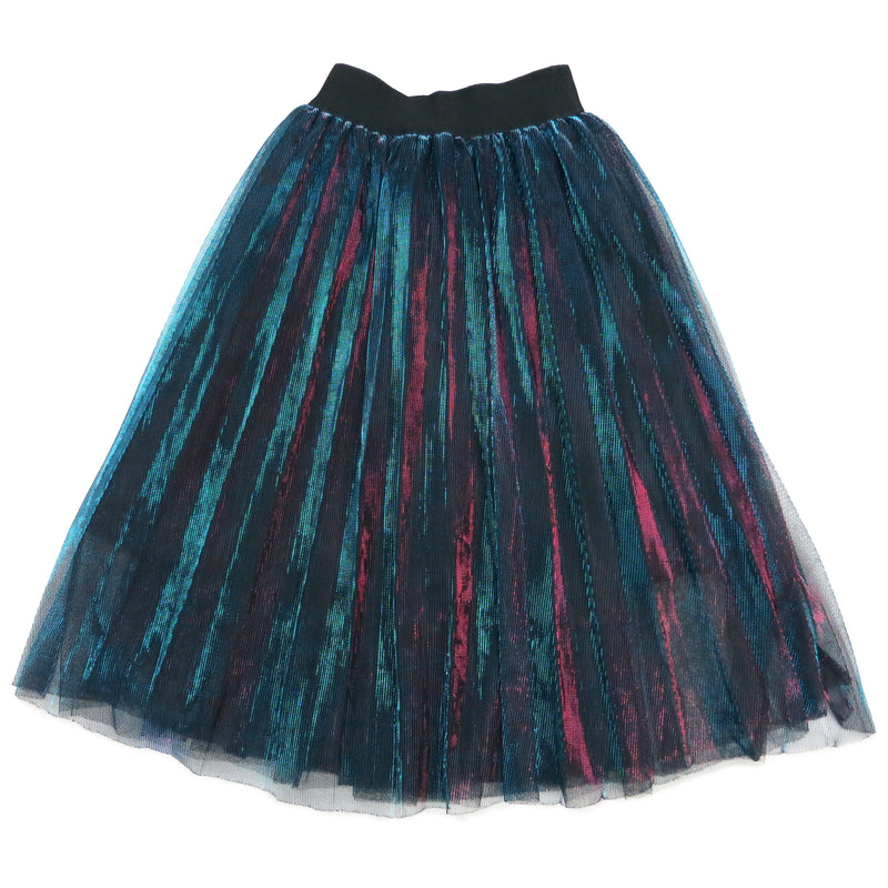 Blue Red Shiny Pleated Long Skirt