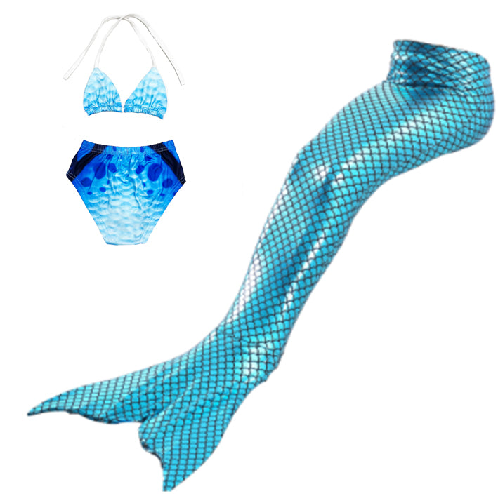 Turquoise-Blue Scales Mermaid Tail 3-Pieces Swimming Suit