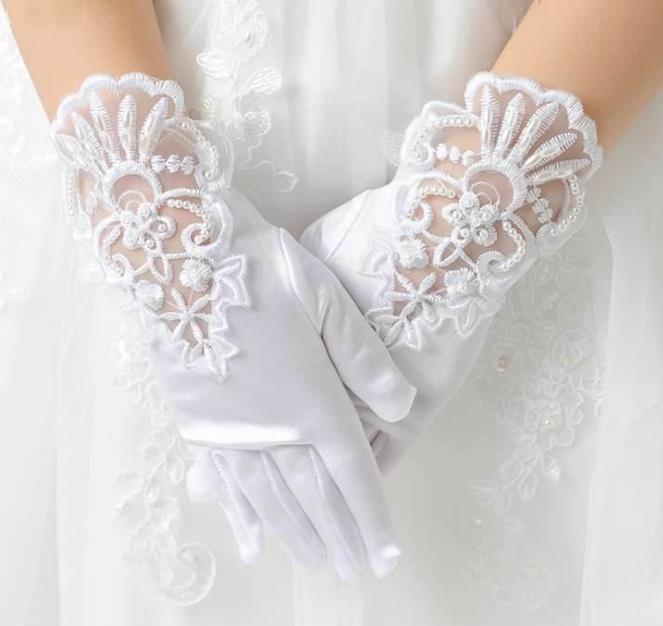 White Lace Pearl Satin Gloves