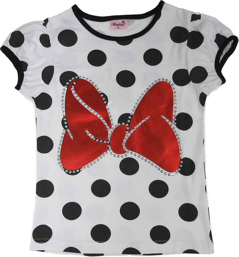Black/White Polka Dot Red Bow Short Sleeve Shirt