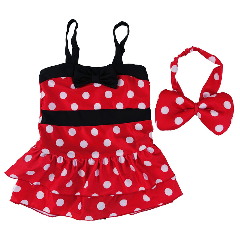 Red Polka Dots 1-Piece Swimming Suit With Bow Head Band