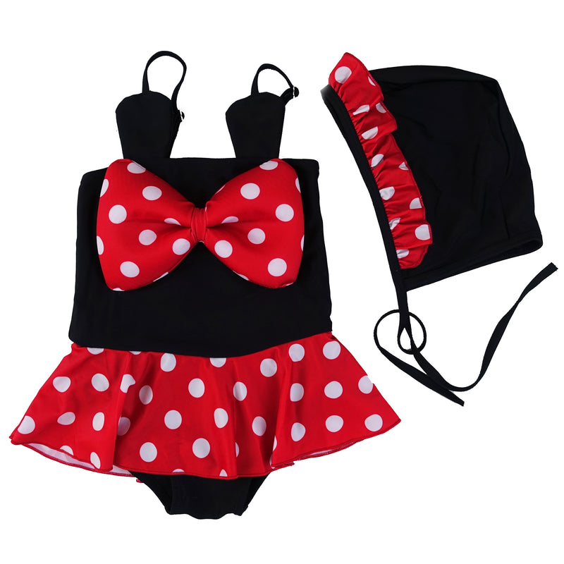 Red Polka Dots 1-Piece Bow Cap Swimming Suit