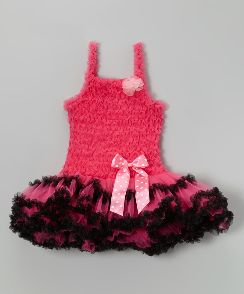 Hot Pink Ruffle Petti Dress With Black Trim