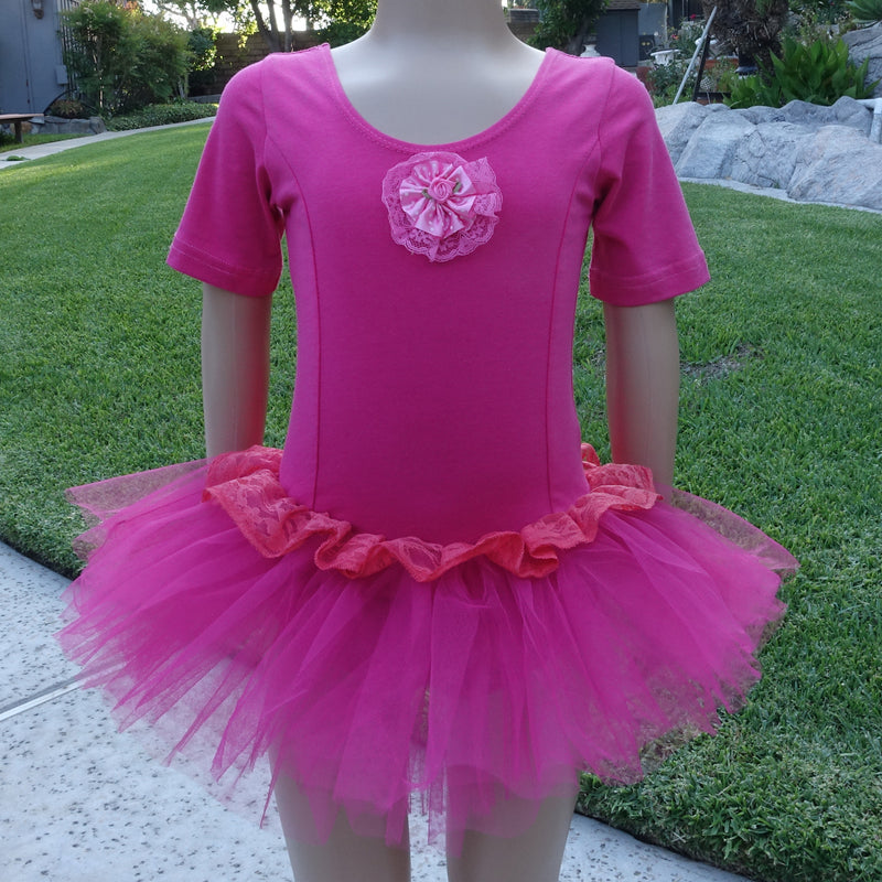 Hot Pink Lace Short Sleeve Ballet Dress