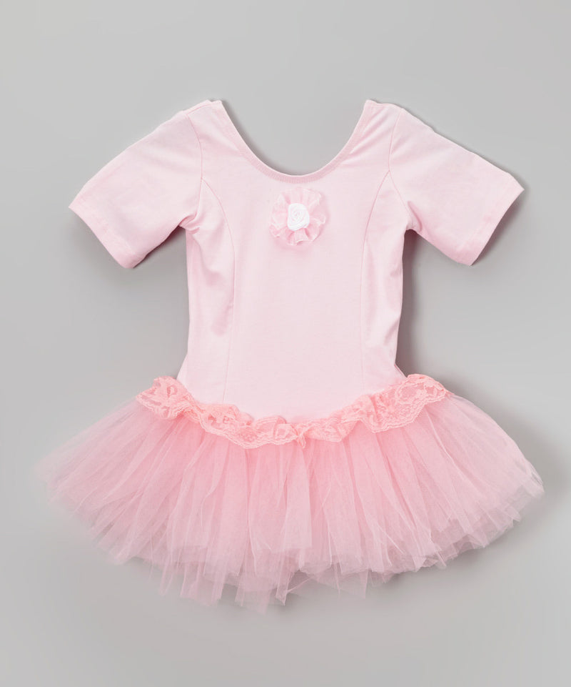 Pink Lace Flower Short Sleeve Ballet Dress