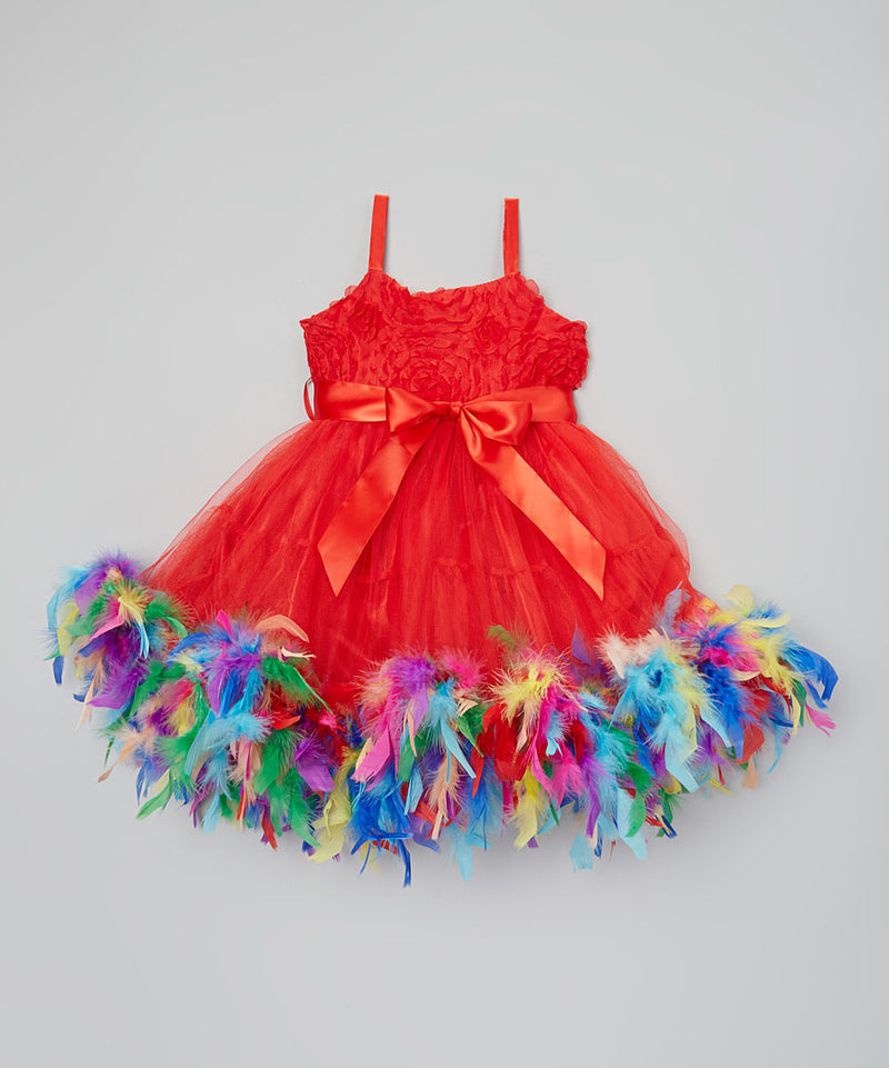 Rainbow Feather Red Rose Dress