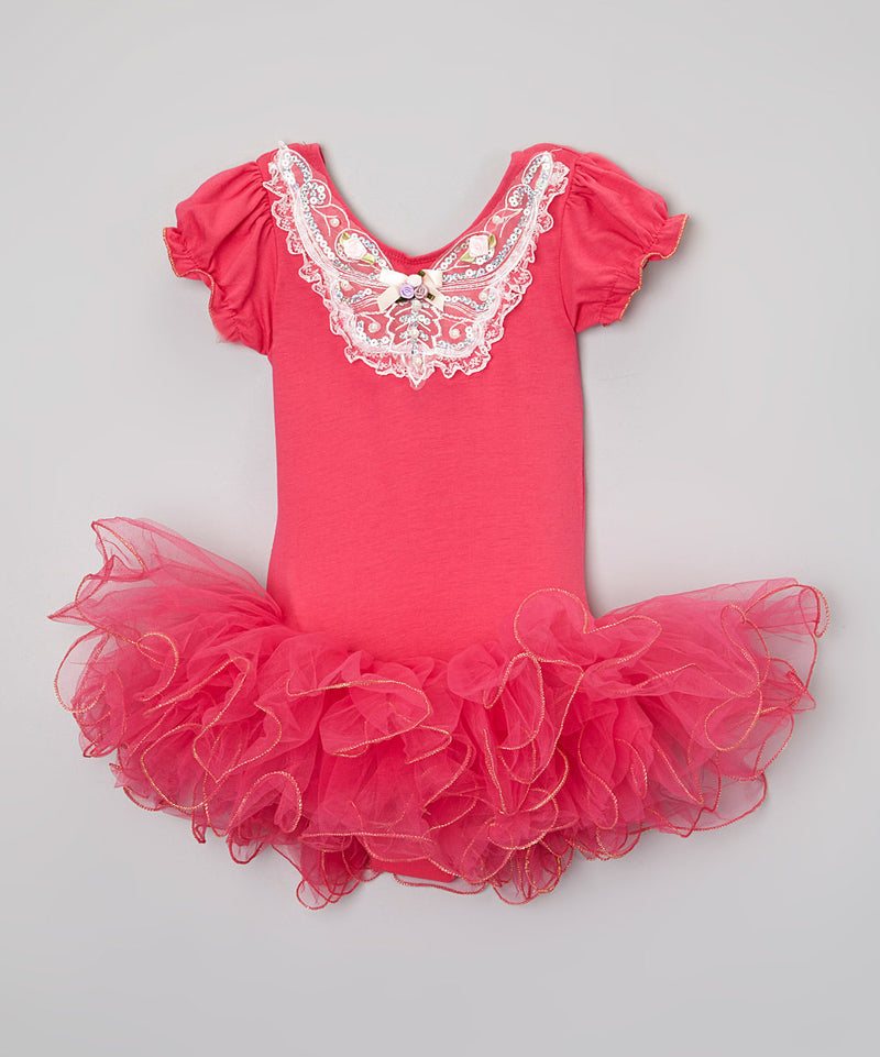 Hot Pink Gold Wave Short Sleeve Ballet Dress