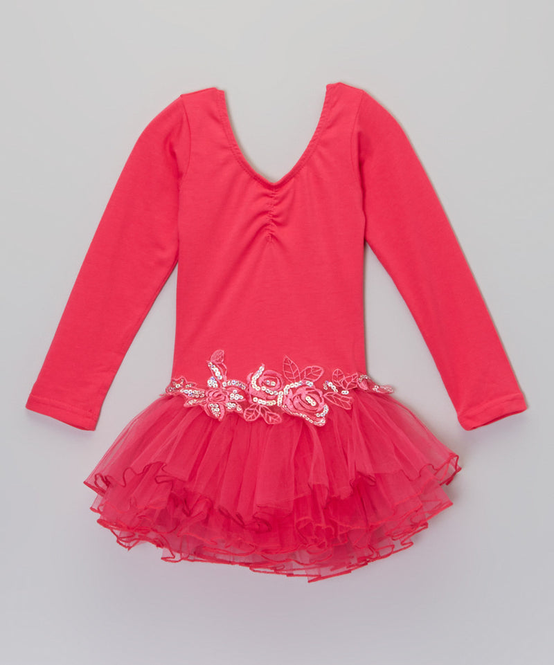 Hot Pink Glitter Rose Long Sleeve Ballet Dress