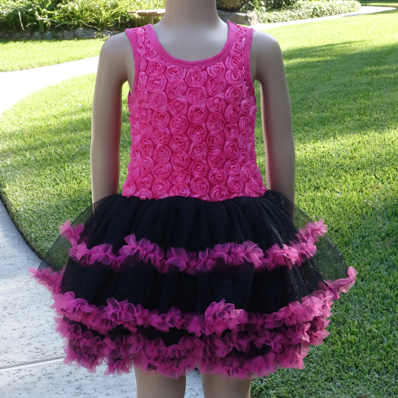 Hot Pink Rose & Black Ruffle Skirt Dress