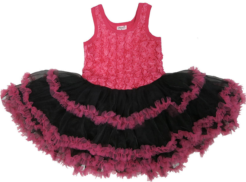 Hot Pink Rose & Black Ruffle Skirt Dress