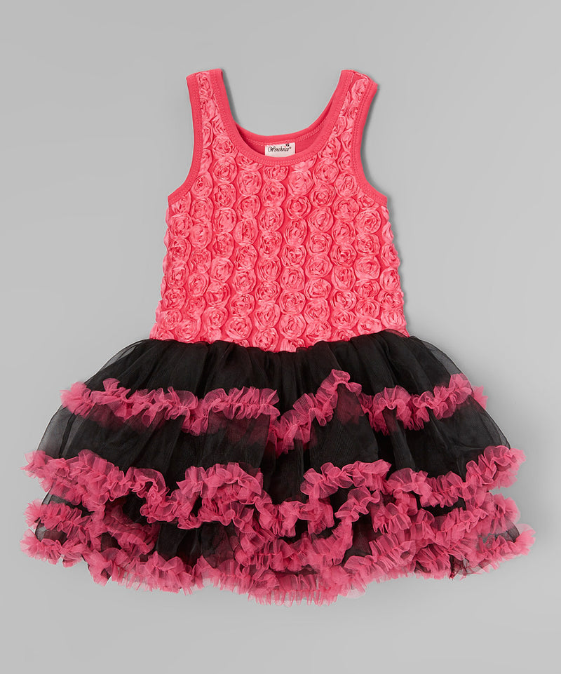 Hot Pink Rose & Black Ruffle Skirt Dress