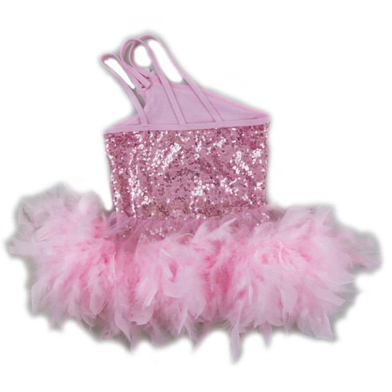 Pink Sequins & Feather Off Shoulder Ballet Dress