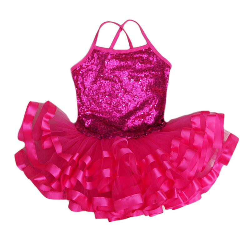 Hot Pink Sequins Cross Back Ribbon Ballet Dress