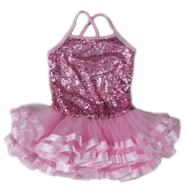 Pink Sequins Cross Back Ribbon Ballet Dress