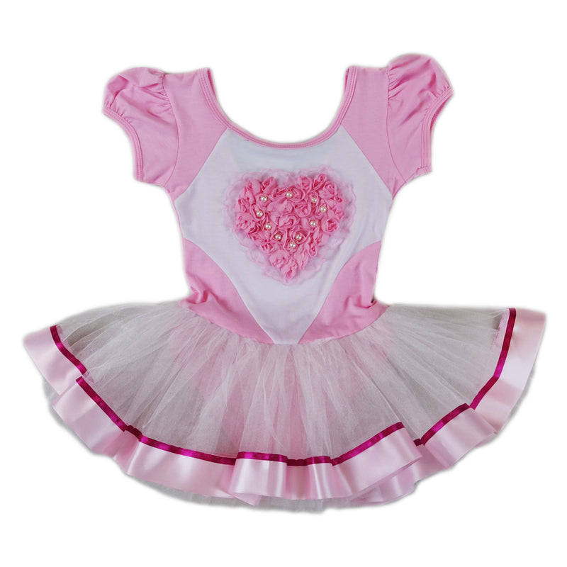 Pink & White Rose Heart Pearl Short-Sleeve Ballet Dress