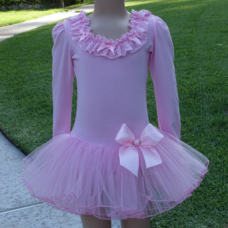 Pink Lace & Bow Long-Sleeve Ballet Dress