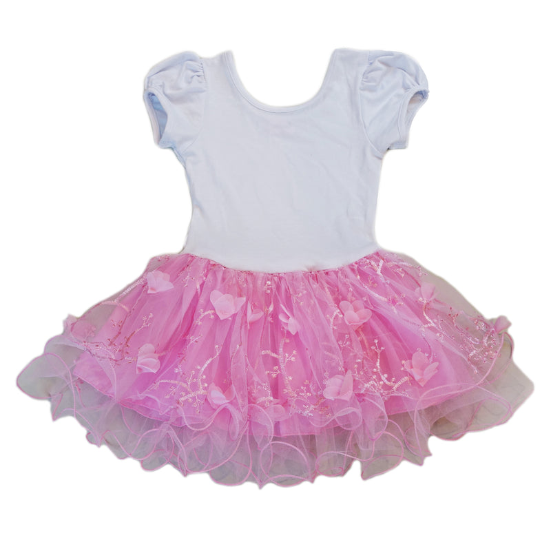 White & Pink 3-D Flower Tutu Short Sleeve Ballet Dress