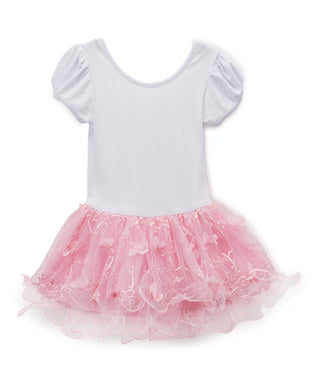 White & Pink 3-D Flower Tutu Short Sleeve Ballet Dress