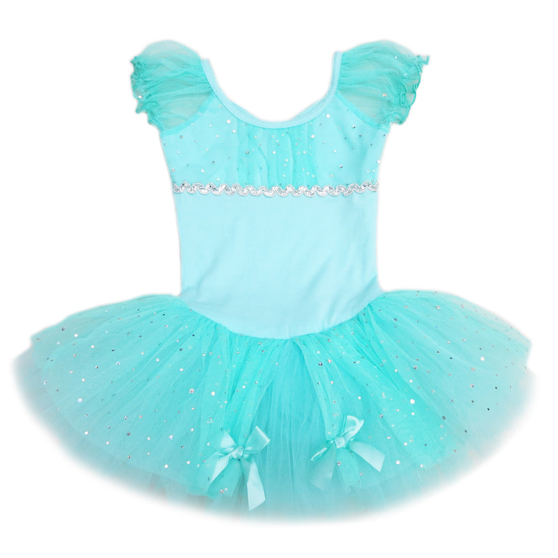 Teal Rhinestone Silver Trim Bow Ballet Dress