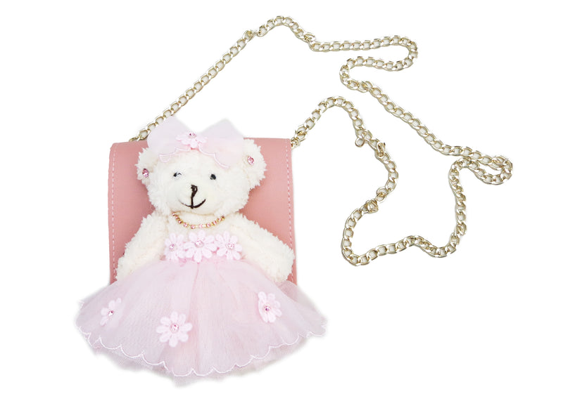 Pink Bear Doll Leather Purse Gold Chain