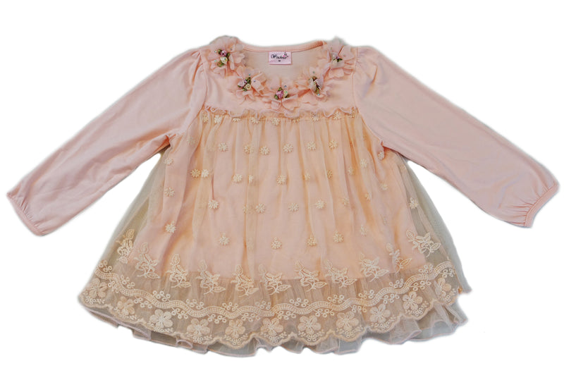 Coral Lace 3-D Flowers Long Sleeve Dress