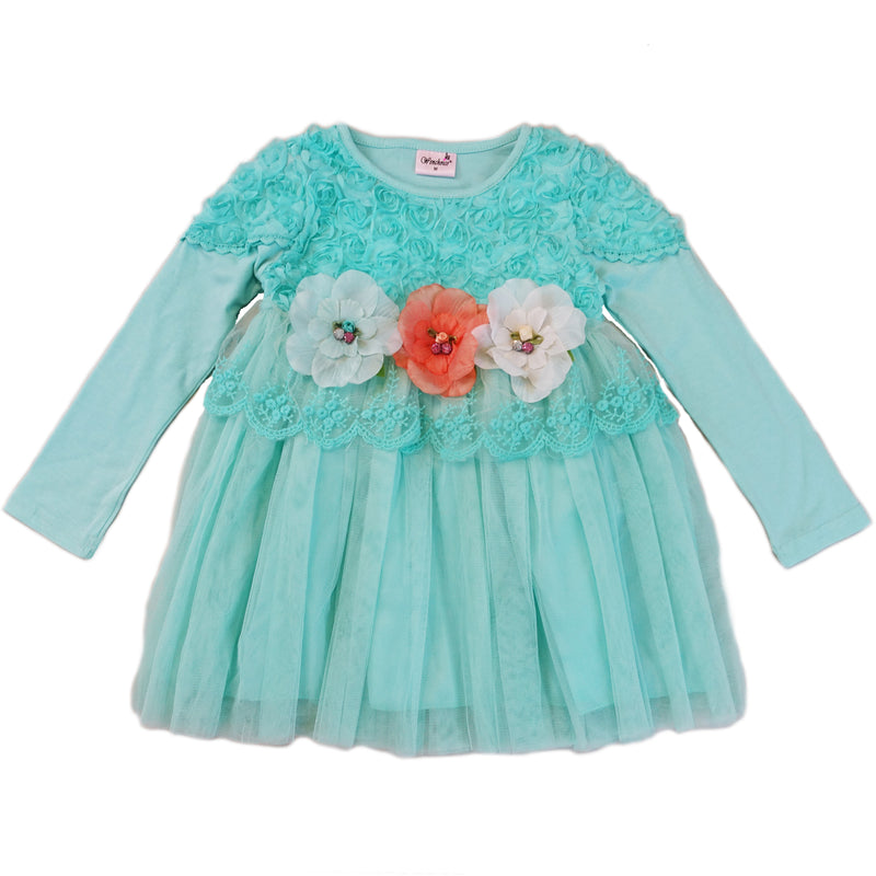 Teal 3-D Flowers Long Sleeve Dress