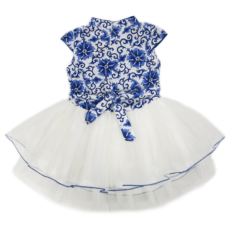 Blue/White Flower Cotton Cheongsam Style Dress