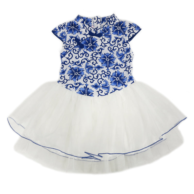 Blue/White Flower Cotton Cheongsam Style Dress