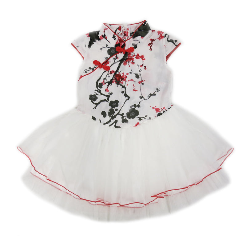 Red/White Plum Flower Cotton Cheongsam Style Dress