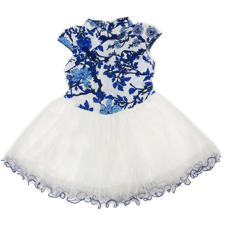 Blue/White Flower Silk Cheongsam Style Dress