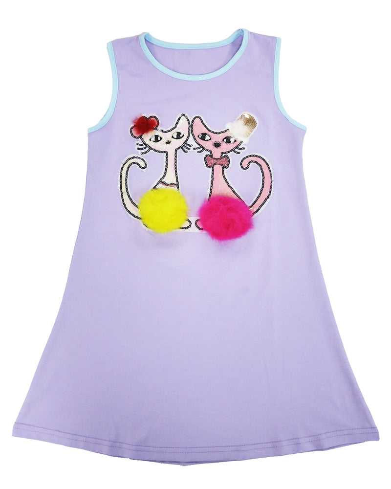 Lavender Sequins & Pompom Couple Cats Cotton Dress