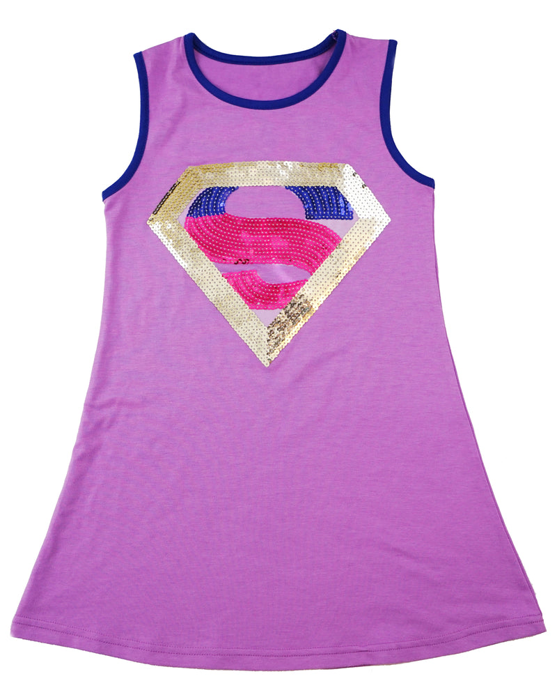 Purple Sequins Super Girl Cotton Dress