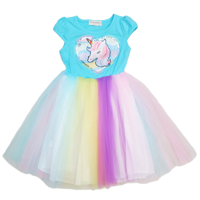 Blue Sequins Unicorn Rainbow Tulle Dress