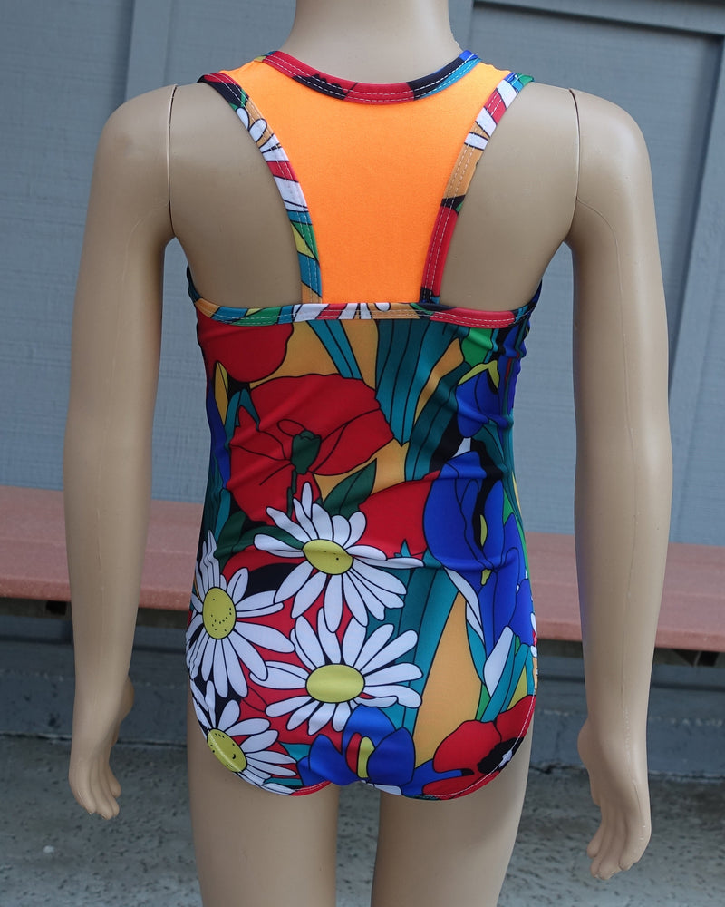 Orange Floral T-Back  Leotard