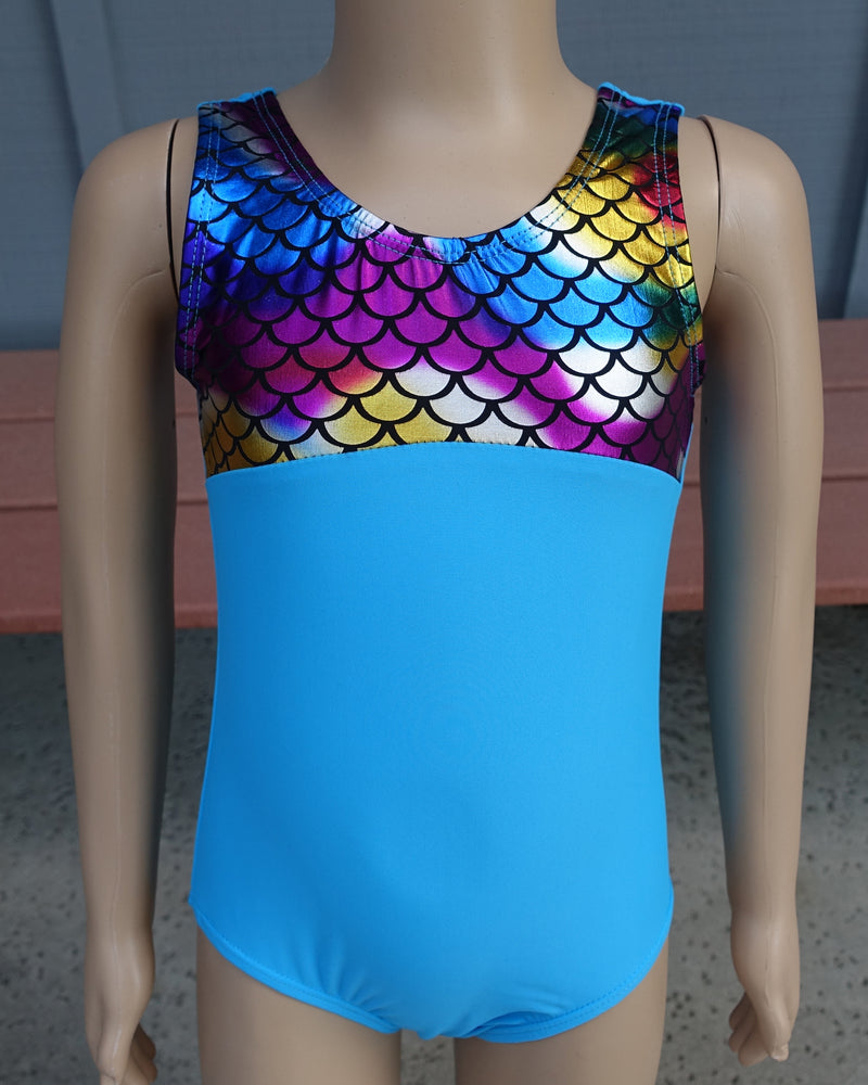 Blue Rainbow Mermaid Scale Leotard & Shorts Set