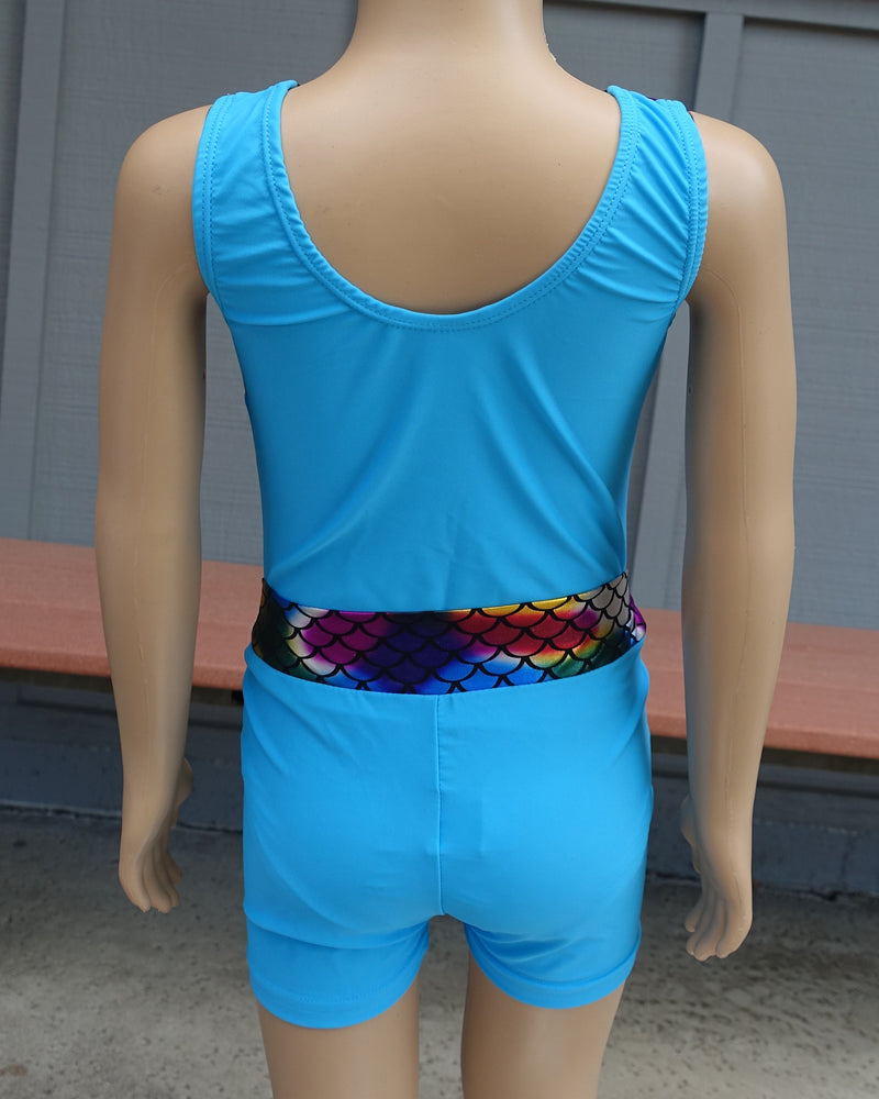 Blue Rainbow Mermaid Scale Leotard & Shorts Set