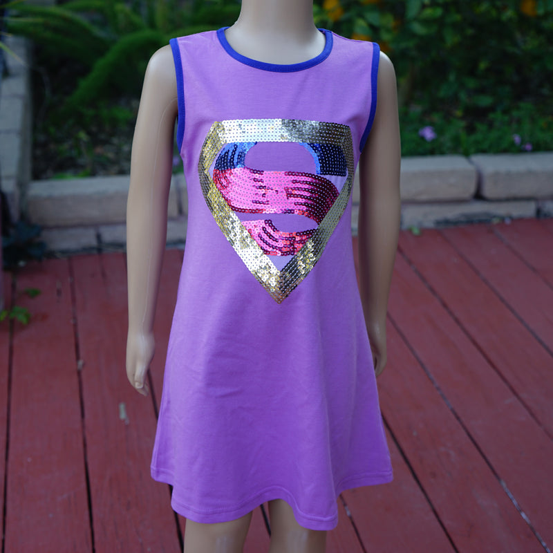 Purple Sequins Super Girl Cotton Dress