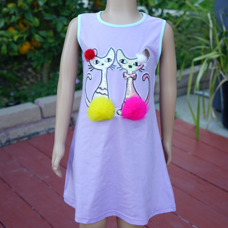 Lavender Sequins & Pompom Couple Cats Cotton Dress