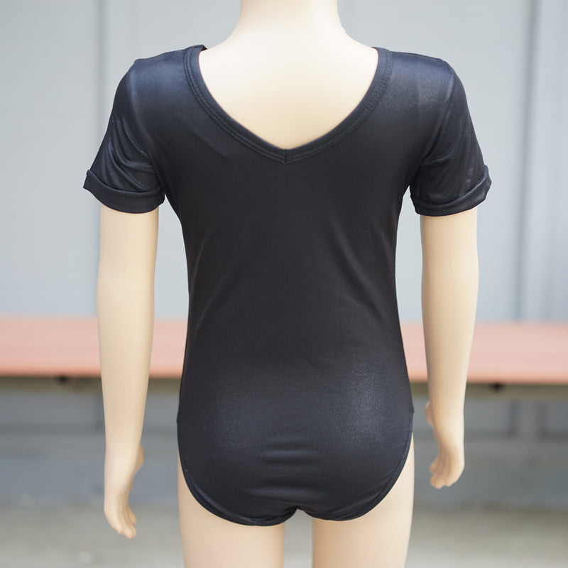 Shiny Black Short-Sleeve Leotard