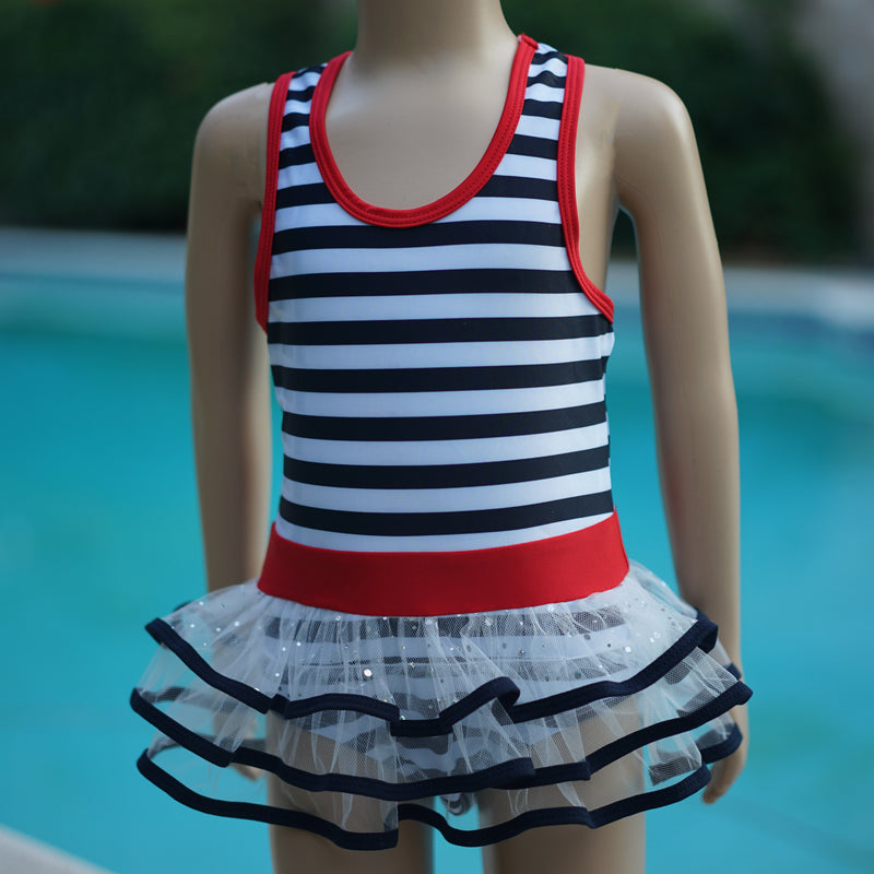 Navy Blue & White Stripe Skirted Swimming Suit