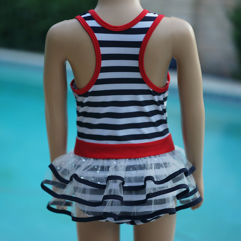 Navy Blue & White Stripe Skirted Swimming Suit
